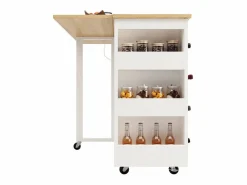 Clearance DripeX Isla central de cocina con estante para vino 2 cajones y 2 puertas - 2 enchufes - +natural - 131.5x43/76x90.7cm Blanco
