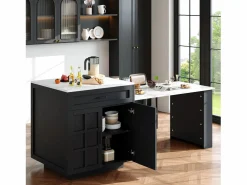 Online ModernLuxe Isla central de cocina con 2 puertas y 2 cajones - Tablero extensible - Encimeras de mármol artificial - 133(202)x59x93,5 cm - Para 2 a 6 personas - + Blanco Negro