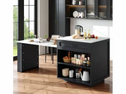 Online ModernLuxe Isla central de cocina con 2 puertas y 2 cajones - Tablero extensible - Encimeras de mármol artificial - 133(202)x59x93,5 cm - Para 2 a 6 personas - + Blanco Negro
