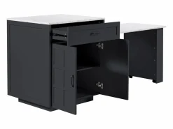 Online ModernLuxe Isla central de cocina con 2 puertas y 2 cajones - Tablero extensible - Encimeras de mármol artificial - 133(202)x59x93,5 cm - Para 2 a 6 personas - + Blanco Negro
