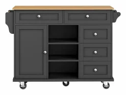 DripeX Isla central de cocina con 5 cajones 3 nichos y 1 puerta, con patas fijas y ruedas, 134x46x92cm -