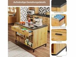 Merax Isla central estilo campestre con estructura de metal - 120 x 75 x 90 cm - con 2 cajones + 4 estantes - MDF - natural