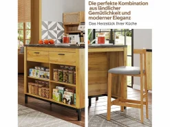 Merax Isla central estilo campestre con estructura de metal - 120 x 75 x 90 cm - con 2 cajones + 4 estantes - MDF - natural