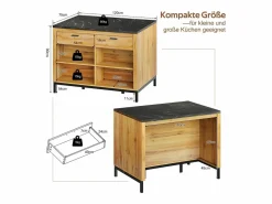 Merax Isla central estilo campestre con estructura de metal - 120 x 75 x 90 cm - con 2 cajones + 4 estantes - MDF - natural