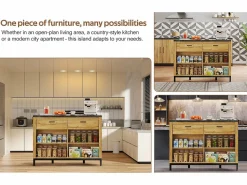 Merax Isla central estilo campestre con estructura de metal - 120 x 75 x 90 cm - con 2 cajones + 4 estantes - MDF - natural