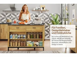Merax Isla central estilo campestre con estructura de metal - 120 x 75 x 90 cm - con 2 cajones + 4 estantes - MDF - natural