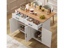 Hot OKWISH Isla central móvil con mesa plegable, 3 puertas y 2 cajones de almacenamiento - Blanco