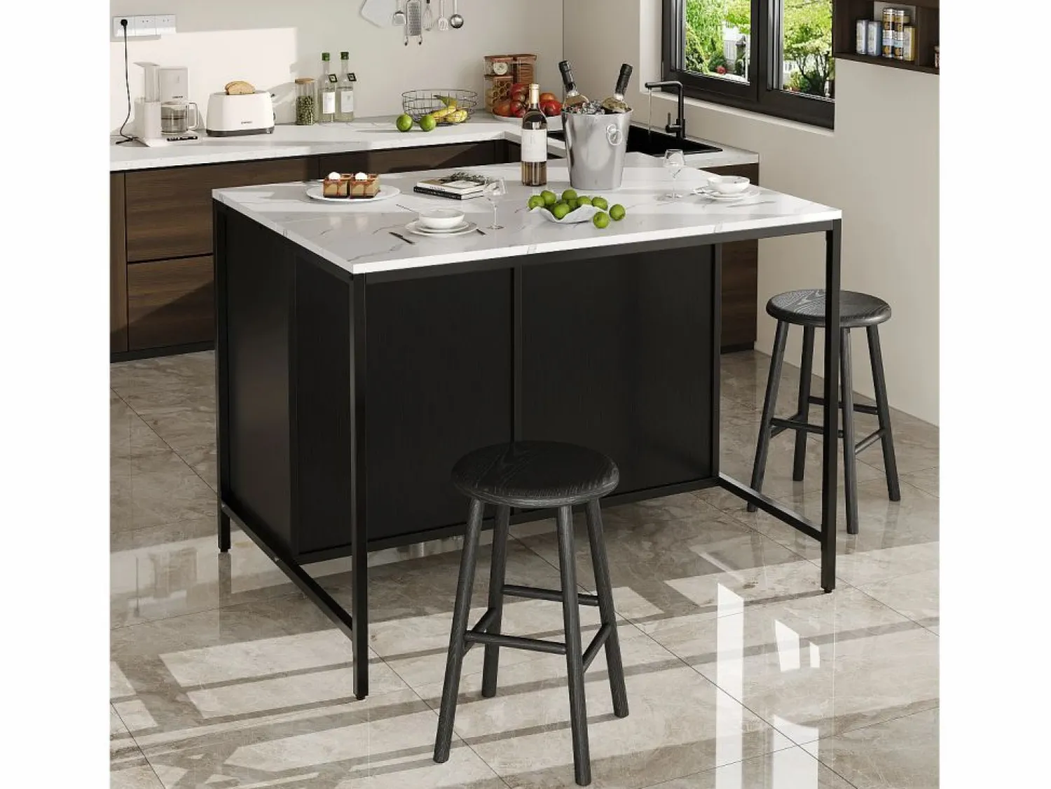 Merax Isla de cocina - 100 x 90 x 90 cm - mesa de bar - con 2 puertas + 2 cajones + patas regulables - MDF -