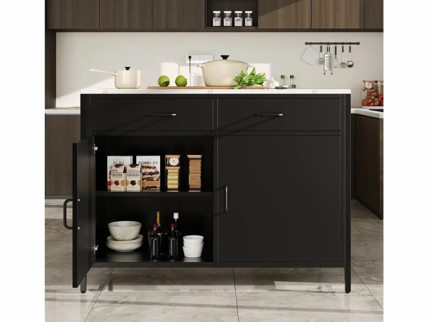 Merax Isla de cocina - 100 x 90 x 90 cm - mesa de bar - con 2 puertas + 2 cajones + patas regulables - MDF -