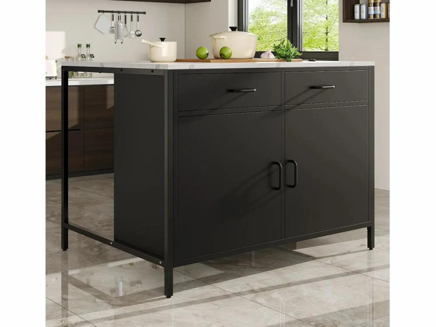 Merax Isla de cocina - 100 x 90 x 90 cm - mesa de bar - con 2 puertas + 2 cajones + patas regulables - MDF -