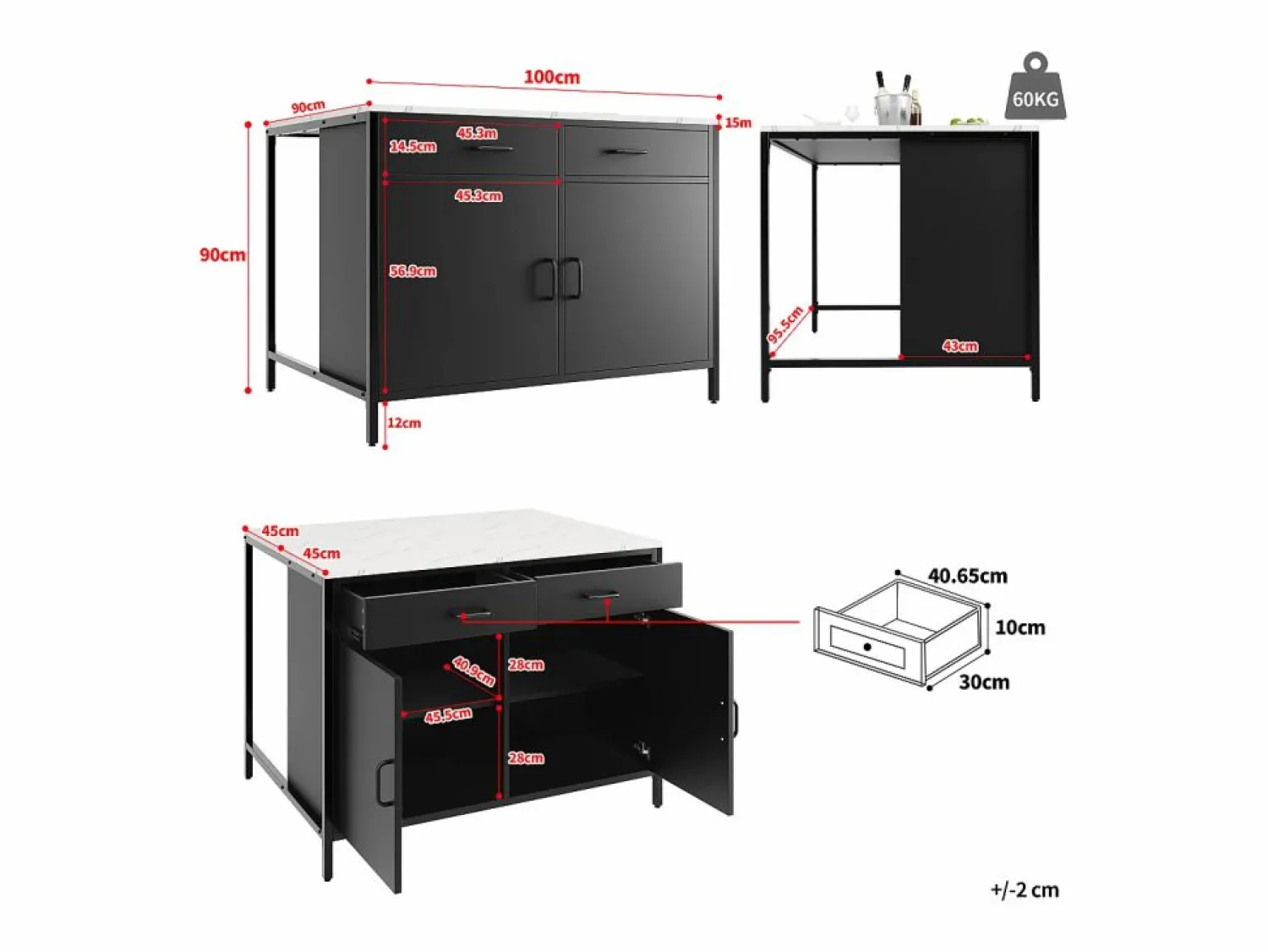 Merax Isla de cocina - 100 x 90 x 90 cm - mesa de bar - con 2 puertas + 2 cajones + patas regulables - MDF -