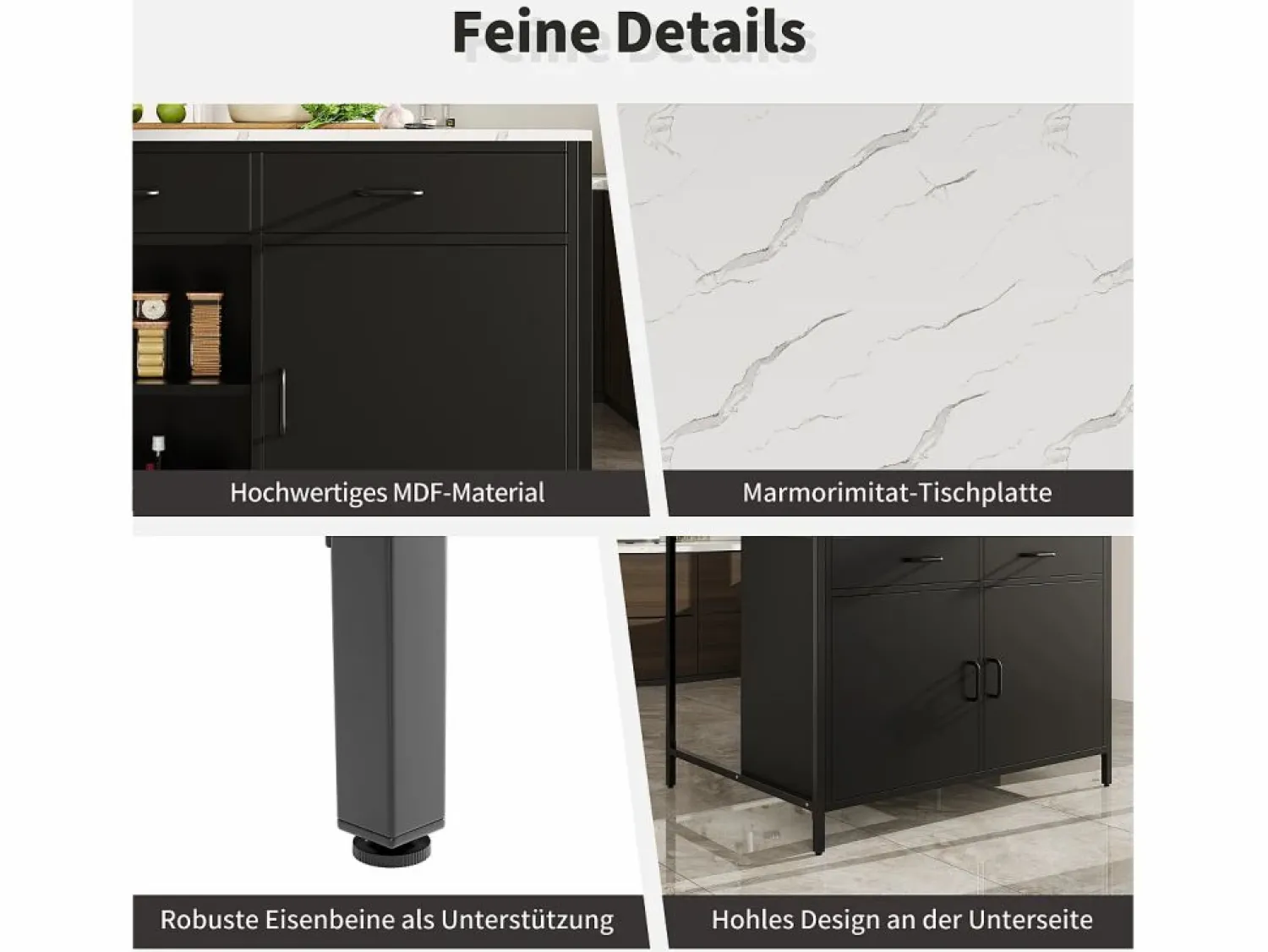 Merax Isla de cocina - 100 x 90 x 90 cm - mesa de bar - con 2 puertas + 2 cajones + patas regulables - MDF -