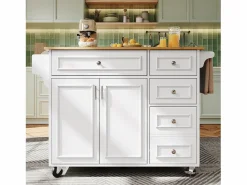 New Merax Isla de cocina - 110 x 45-75 x 92 cm - carrito de servicio extraíble - con 5 cajones + 2 puertas - MDF - Blanco