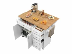 New Merax Isla de cocina - 110 x 45-75 x 92 cm - carrito de servicio extraíble - con 5 cajones + 2 puertas - MDF - Blanco