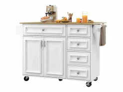 New Merax Isla de cocina - 110 x 45-75 x 92 cm - carrito de servicio extraíble - con 5 cajones + 2 puertas - MDF - Blanco