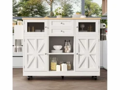 New Isla de cocina blanca - Carrito de cocina con 2 cajones y 4 puertas - Especiero y toallero Blanco