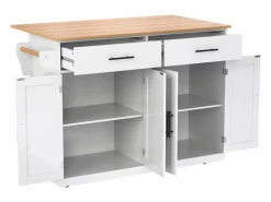 Isla de cocina blanca - Isla de cocina con ruedas y patas de madera - Encimera abatible - 2 cajones 4 puertas Blanco