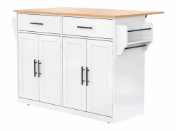 Isla de cocina blanca - Isla de cocina con ruedas y patas de madera - Encimera abatible - 2 cajones 4 puertas Blanco