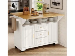 Online OKWISH Isla de cocina blanca con tablero plegable, 3 cajones y 2 puertas - 5 ruedas Blanco