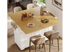 Online OKWISH Isla de cocina blanca con tablero plegable, 3 cajones y 2 puertas - 5 ruedas Blanco
