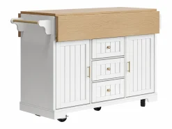 Online OKWISH Isla de cocina blanca con tablero plegable, 3 cajones y 2 puertas - 5 ruedas Blanco