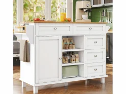 Outlet Isla de cocina blanca de 5 cajones - Carrito de cocina de 1 puerta con 3 compartimentos abiertos - Especiero y toallero Isla Cocina