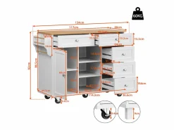 Outlet Isla de cocina blanca de 5 cajones - Carrito de cocina de 1 puerta con 3 compartimentos abiertos - Especiero y toallero Isla Cocina