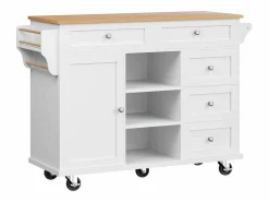 Outlet Isla de cocina blanca de 5 cajones - Carrito de cocina de 1 puerta con 3 compartimentos abiertos - Especiero y toallero Isla Cocina