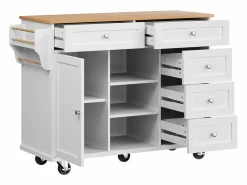 Outlet Isla de cocina blanca de 5 cajones - Carrito de cocina de 1 puerta con 3 compartimentos abiertos - Especiero y toallero Isla Cocina