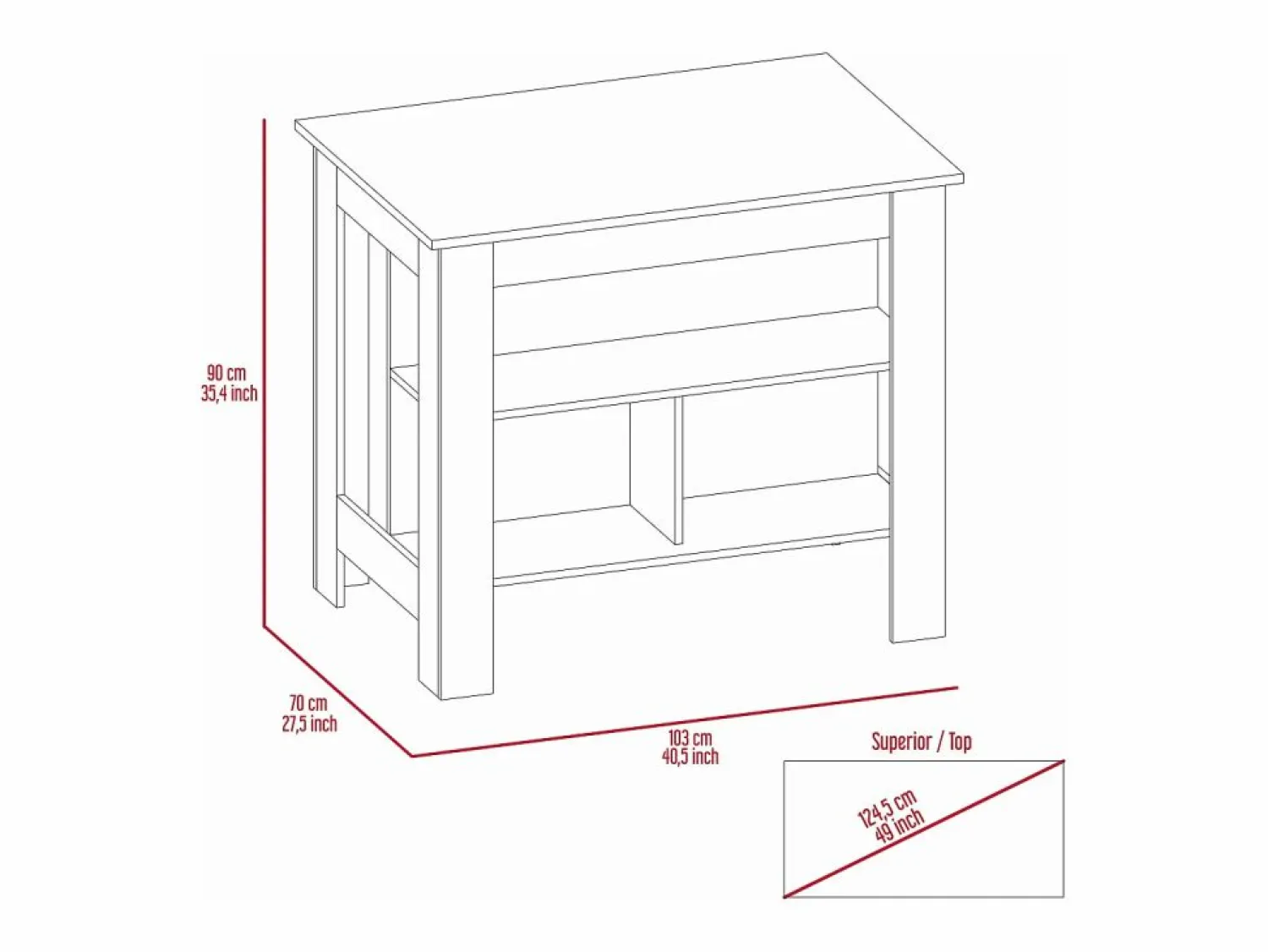 TuHome Isla de cocina Cala con tres estantes y cuatro patas , 89.91 cm X 102.87 cm X 69.85 cm , Blanco / Ibiza