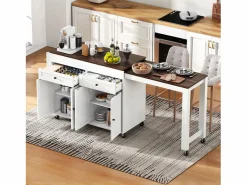 ModernLuxe Isla de cocina central - con 4 puertas y 2 cajones - tablero extensible - con ruedas - 180,5×45×92,2 cm - Blanco + Marrón