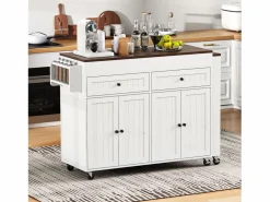 ModernLuxe Isla de cocina central - con 4 puertas y 2 cajones - tablero extensible - con ruedas - 180,5×45×92,2 cm - Blanco + Marrón