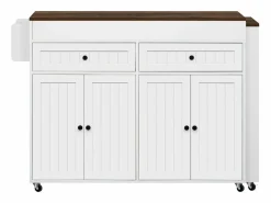 ModernLuxe Isla de cocina central - con 4 puertas y 2 cajones - tablero extensible - con ruedas - 180,5×45×92,2 cm - Blanco + Marrón