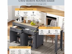 Clearance ModernLuxe Isla de cocina central - con 4 puertas y 2 cajones - tablero extensible - con ruedas - 180,5×45×92,2 cm - Gris