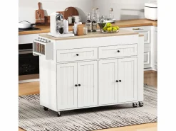 ModernLuxe Isla de cocina central - con 4 puertas y 2 cajones - tablero extensible - con ruedas - 180,5×45×92,2 cm - Blanco + Natural