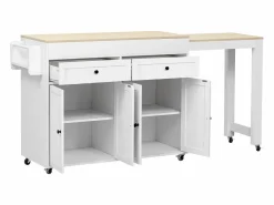 ModernLuxe Isla de cocina central - con 4 puertas y 2 cajones - tablero extensible - con ruedas - 180,5×45×92,2 cm - Blanco + Natural