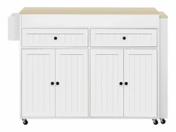 ModernLuxe Isla de cocina central - con 4 puertas y 2 cajones - tablero extensible - con ruedas - 180,5×45×92,2 cm - Blanco + Natural