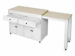 ModernLuxe Isla de cocina central - con 4 puertas y 2 cajones - tablero extensible - con ruedas - 180,5×45×92,2 cm - Blanco + Natural