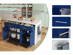 Outlet Merax Isla de cocina central con 3 puertas + 2 cajones - 120 x 60 x 91 cm - con enchufes + USB - MDF - Azul