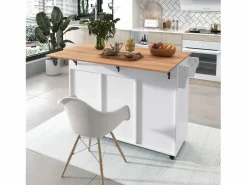 Clearance ModernLuxe Isla de cocina central con 2 cajones - Tablero extensible - patas con ruedas o de madera maciza - Blanco