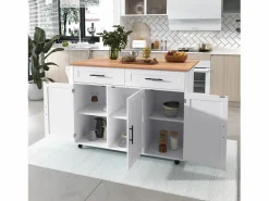 Clearance ModernLuxe Isla de cocina central con 2 cajones - Tablero extensible - patas con ruedas o de madera maciza - Blanco