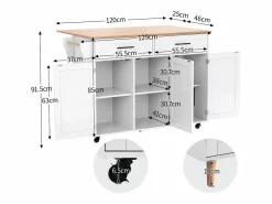 Clearance ModernLuxe Isla de cocina central con 2 cajones - Tablero extensible - patas con ruedas o de madera maciza - Blanco