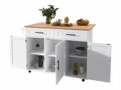 Clearance ModernLuxe Isla de cocina central con 2 cajones - Tablero extensible - patas con ruedas o de madera maciza - Blanco