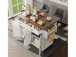 Sale Isla de cocina central móvil con 4 puertas y 2 cajones - tapa extensible - 140 x 45/73 x 93 cm - Madera MDF + metal - + natural Isla Cocina