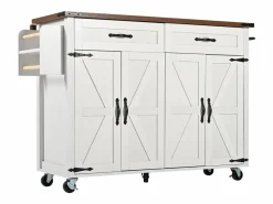 Sale Isla de cocina central móvil con 4 puertas y 2 cajones - tapa extensible - 140 x 45/73 x 93 cm - Madera MDF + metal - + natural Isla Cocina