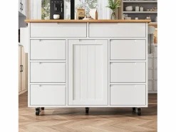 Best Isla de cocina central móvil - Tablero extensible - 8 cajones y 1 puerta - Con estante para especias - MDF - Blanco Isla Cocina