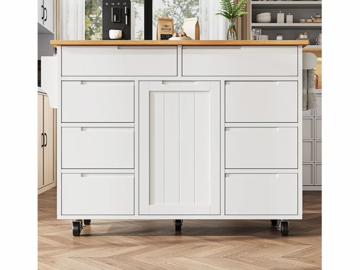 Best Isla de cocina central móvil - Tablero extensible - 8 cajones y 1 puerta - Con estante para especias - MDF - Blanco Isla Cocina