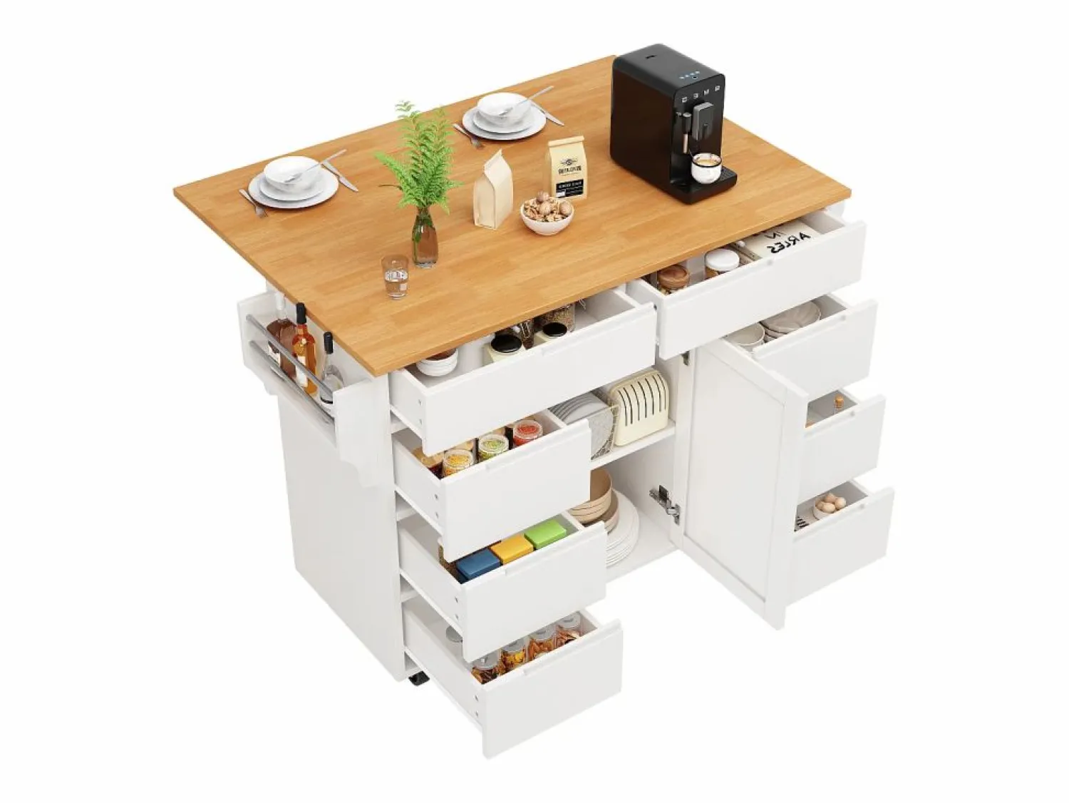 Best Isla de cocina central móvil - Tablero extensible - 8 cajones y 1 puerta - Con estante para especias - MDF - Blanco Isla Cocina