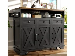Hot ModernLuxe Isla de cocina central móvil - Tablero extensible - 3 cajones y 3 puertas - estantes abiertos - con toallero - MDF - Negro
