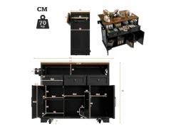 Hot ModernLuxe Isla de cocina central móvil - Tablero extensible - 3 cajones y 3 puertas - estantes abiertos - con toallero - MDF - Negro